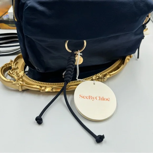 🆕 SEE BY CHLOE 🧿 NWT Blue Satin Palm Trees Decal Backpack - Picture 3 of 16